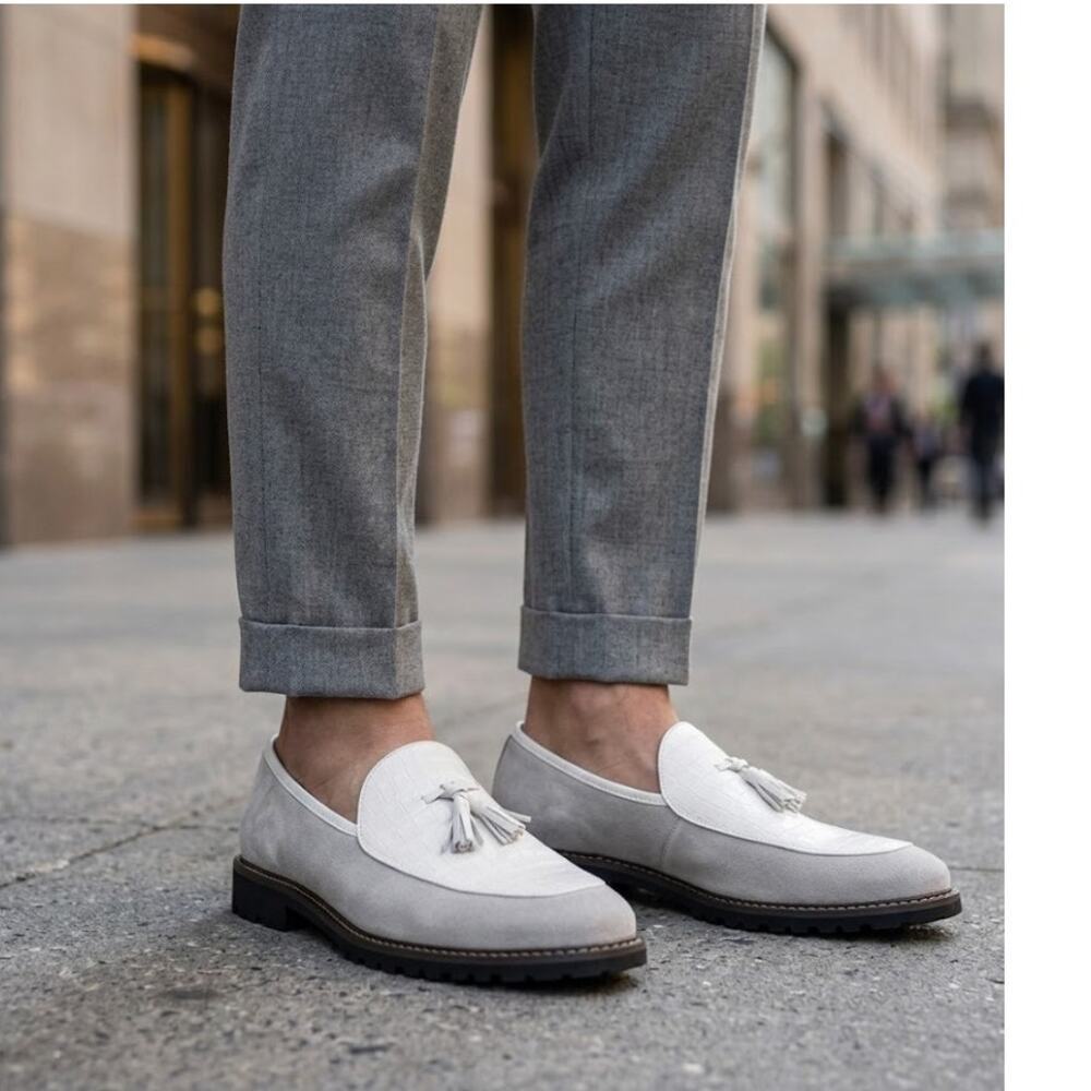 White Croc Suede Tassel Lug Leather Loafers Style AR 19015 NWOT Men's 10
